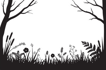 Fototapeta premium Black silhouette frame of wild forest nature with trees grass flowers and reeds for artistic background or pastoral border layout.