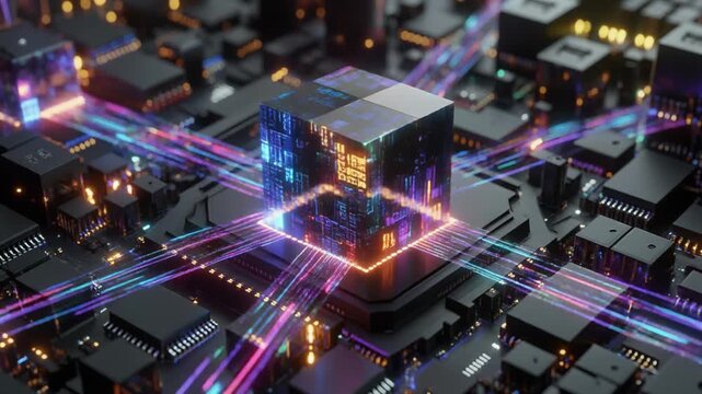 Glowing electronic cube processor transmitting rapid data streams across a futuristic motherboard in this digital motion