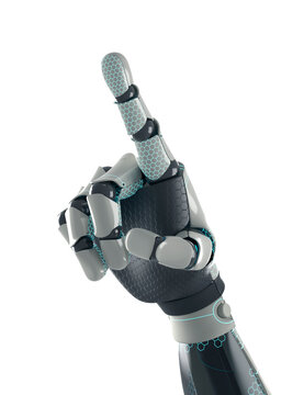 Futuristic studio shot of a high-tech robotic cyborg hand pointing its index finger upward. The advanced mechanical arm features a sleek gray and dark composite shell detailed with blue hexagon grid