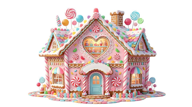 A whimsical gingerbread house decorated with colorful candies, lollipops, and frosting, isolated on transparent background