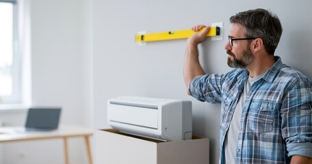 Obraz premium Man measuring wall for air conditioner installation
