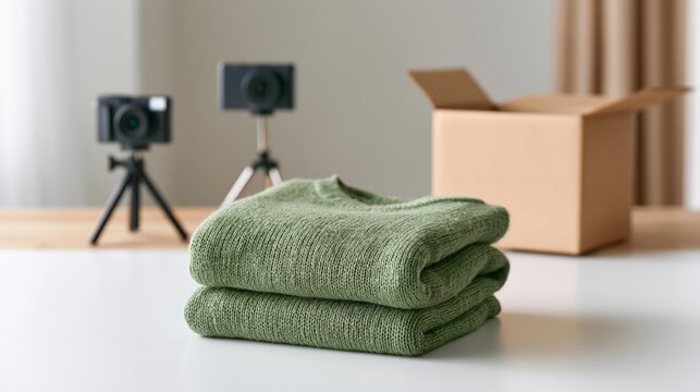 Folded green sweaters with cameras and box