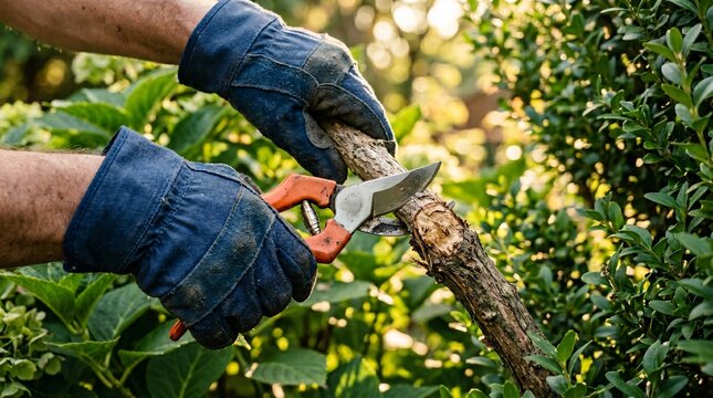 Detailed close-up of hands in blue work gloves using orange metal pruning shears to cut a branch from a green bush, warm sunlight bokeh.