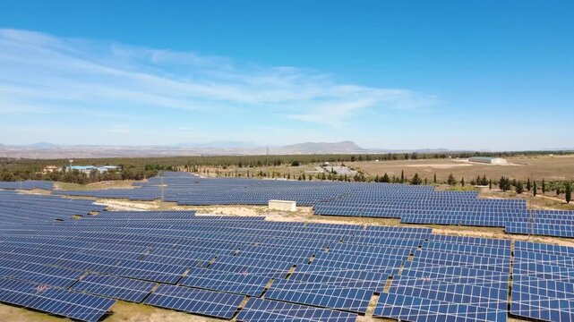 Aerial view of solar panels power plant