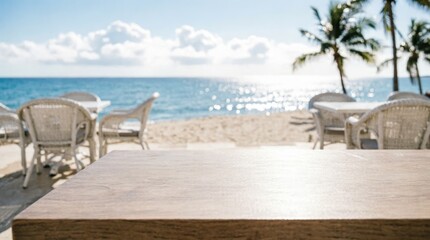 Fototapeta premium Wooden Table on Beach with Ocean View for Web Design