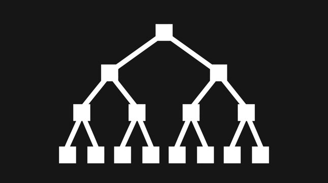 A minimalist white binary tree diagram consisting of connected square nodes arranged in a symmetrical branching hierarchical data structure pattern