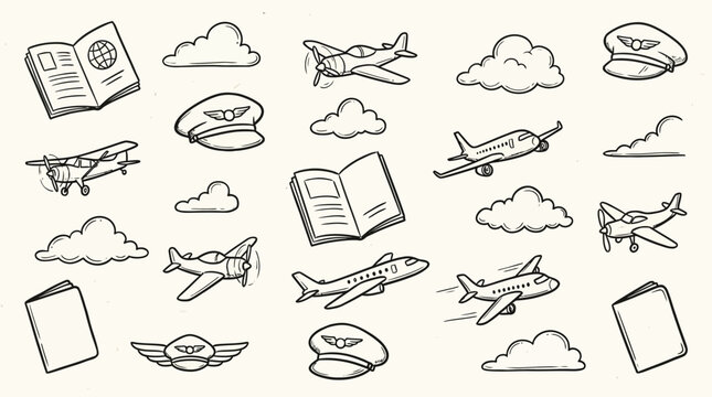 Hand drawn doodle set featuring various airplanes, pilot hats, travel passports, and fluffy clouds in a clean black ink style