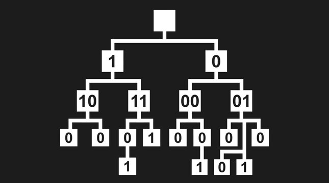 White binary tree diagram showing complex hierarchical data structures with nodes and connections displayed against a dark solid black background