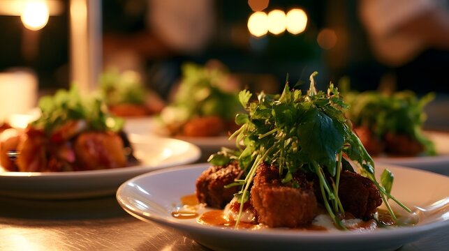 A fresh and delicious dish is illuminated by a warm kitchen glow conveying an indulgent and inviting mood