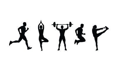Fototapeta premium Silhouette of people engaging in various fitness activities such as running yoga weightlifting and dancing