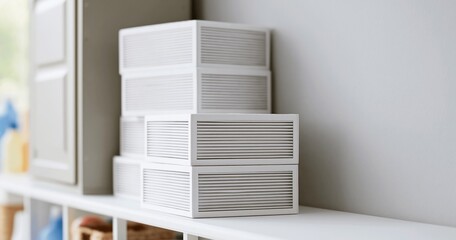 Fototapeta premium Stacked white storage boxes on shelf
