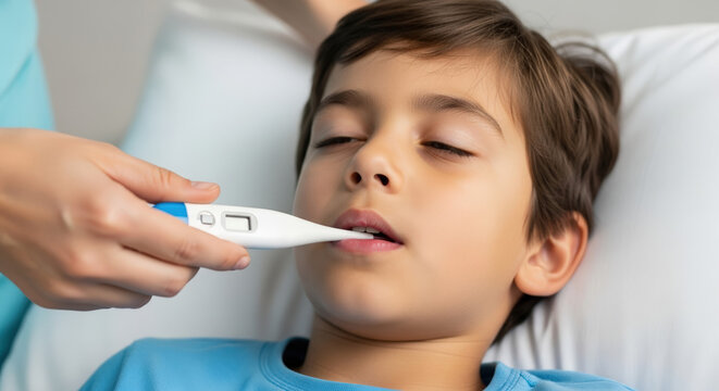 Close up of a young boy patient with a digital thermometer in his mouth. Healthcare professional checking temperature of a sick child in a hospital bed. Pediatric care concept
