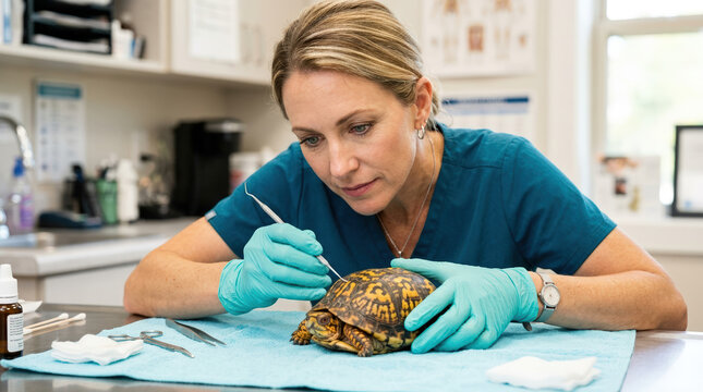 Female veterinarian examining a box turtle shell with a metal tool. Professional exotic animal doctor in blue scrubs and gloves working in a bright clinic