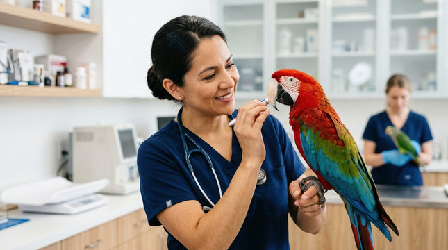 Smiling female veterinarian examining a colorful macaw parrot with a penlight. Professional avian doctor in scrubs checking an exotic bird in a bright clinic