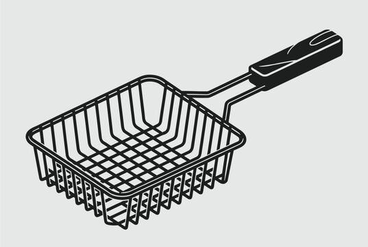 Metal wire fryer basket with a long black handle used for deep frying food in a commercial or home kitchen setting.
