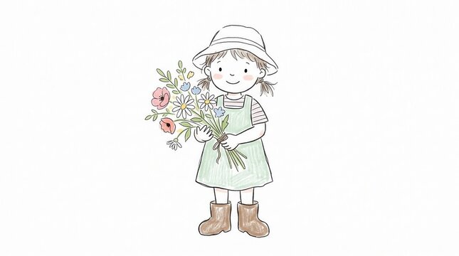 Cheerful girl wearing a sun hat, striped shirt, and green overalls holds a vibrant bouquet