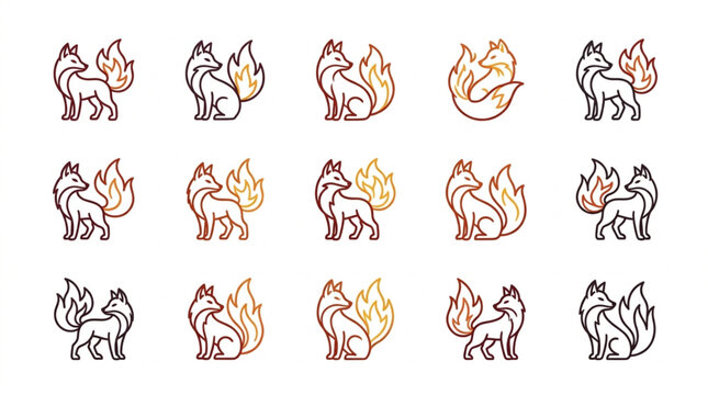 Collection of Stylized Fox Illustrations with Fiery Tails.