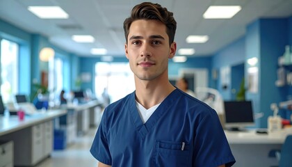 Obraz premium Young Male Doctor in Blue Scrubs Standing in a Modern Hospital Corridor.