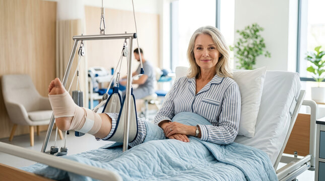 Smiling senior woman with elevated leg in a traction sling resting in a hospital bed. Happy older female patient recovering from orthopedic surgery in a modern rehabilitation clinic