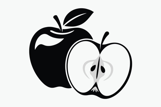 Black and white silhouette of two apples with one fruit cut in half to show the internal core and seeds in a minimalist style.