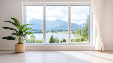 Fototapeta premium Bright Modern Room with Large Window Overlooking Lake and Mountain Landscape, Minimalist Interior Design