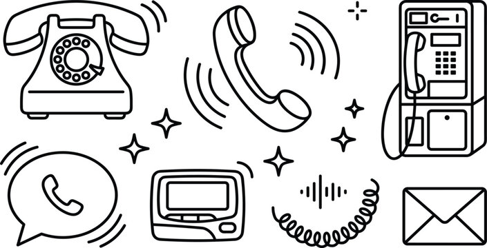Retro telephone communication element doodle set with rotary phone payphone pager handset line art vectors