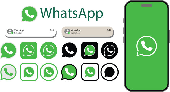 WhatsApp application logo with push notification pop up banners and green and black. Set WhatsApp screen social media and social network interface template. Editorial vector.
