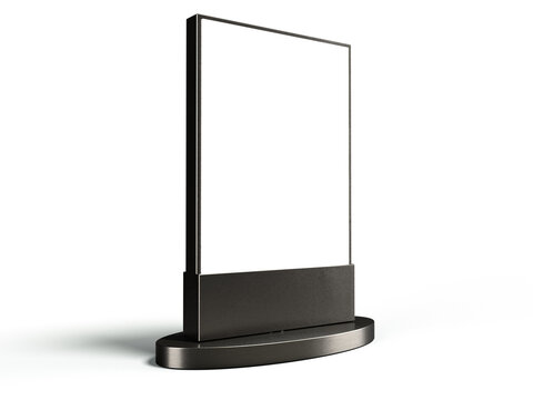 Studio low-angle 3D render of a blank outdoor advertising lightbox billboard (CLP raket) with a metallic dark gray frame and base, presented from a three-quarter perspective. advertisement mockups.
