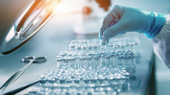 A pharmaceutical technician inspects rows of medicine vials in a high-tech laboratory. Ultra-detailed biotech scene highlights quality control and sterile lab equipment.