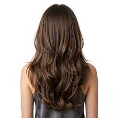 Fototapeta premium Rear view of woman with long dark brown layered wavy hair against white background.