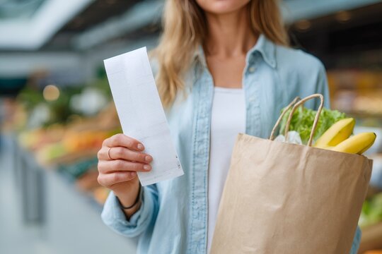 Woman holding a grocery receipt and a paper bag with fresh food in a supermarket. Customer checking the bill after shopping. Concept of food prices and budgeting