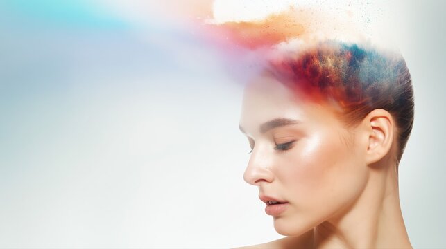 A realistic profile of a woman with her head merging into a colorful, surreal world. Vibrant forests and skies flow from her imagination, symbolizing creative consciousness.