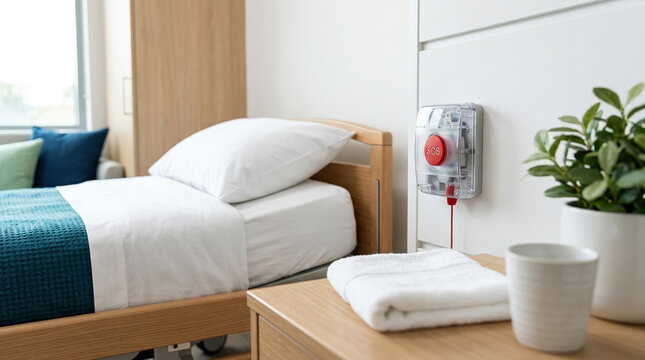 Red SOS emergency call button mounted on a wall near a hospital bed. Patient safety and medical alert system in a clinic room