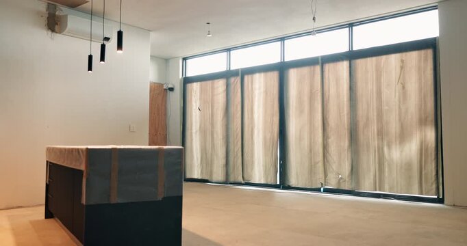 Interior, renovation and empty in new house for real estate, home improvement and property upgrade. Indoor, remodeling project or makeover in apartment with refurbishment, restoration or maintenance.