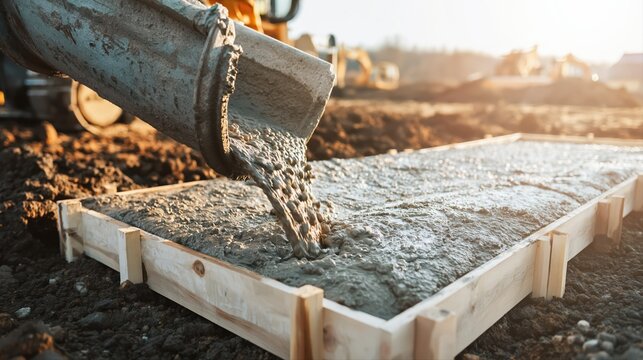 Fresh liquid concrete pours from a chute into a wooden formwork at a busy construction site. Cinematic lighting highlights realistic foundation building details.