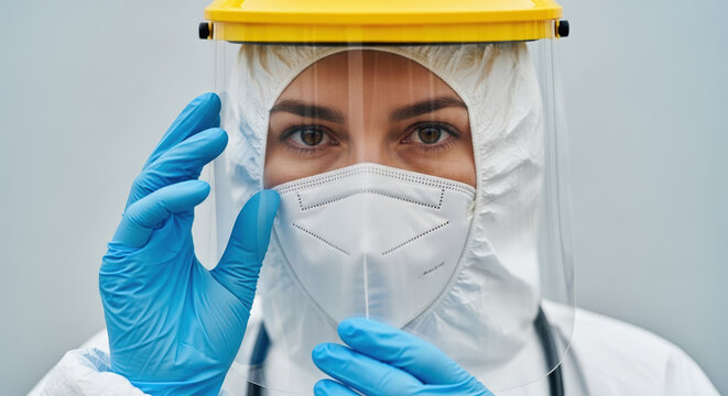 Close up portrait of female doctor in protective hazmat suit and face shield. Healthcare worker wearing full PPE mask and gloves in hospital