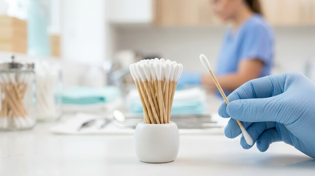 Close-up of a gloved hand holding a wooden cotton swab. Bundle of cotton applicators in a holder on a clinic counter