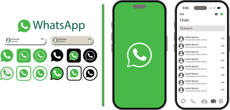 WhatsApp mockup. Set telegram screen social media and social network interface template with green splash screen chat history list and social communication app icon set template.
