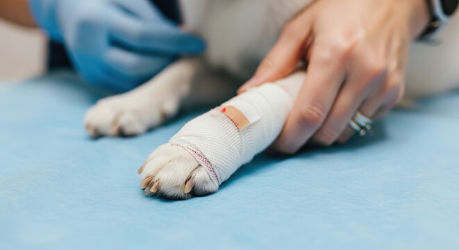 Close up of a dog bandaged paw on a veterinary examination table. Veterinarian hands gently holding and treating an injured pet paw in a clinic