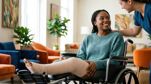 Smiling young Black woman with bandaged leg in a wheelchair talking to a nurse. Patient receiving care and support in a modern rehabilitation clinic
