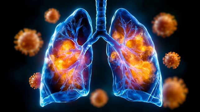 Human lungs affected by respiratory virus infection, medical illustration of pulmonary disease and healthcare concept.