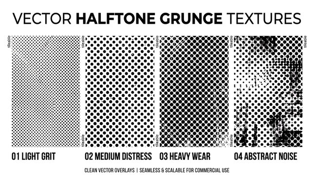 Distressed halftone dot pattern set with modern abstract textures featuring grainy grit and flowing monochromatic noise effects for graphic design overlays