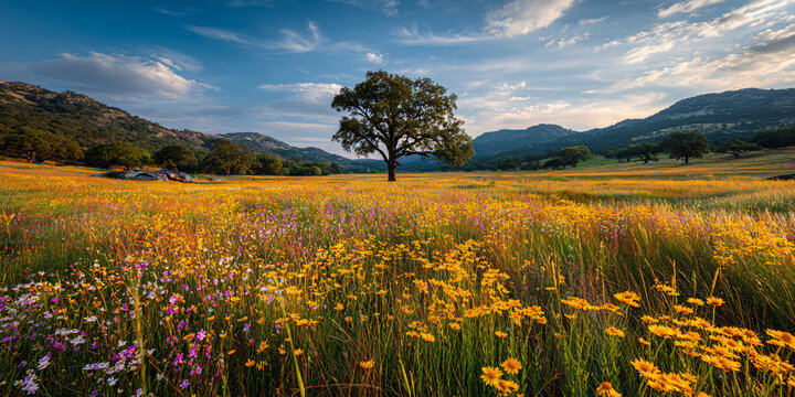 Wildflower Meadow in Full Bloom with Single Tree and Mountains