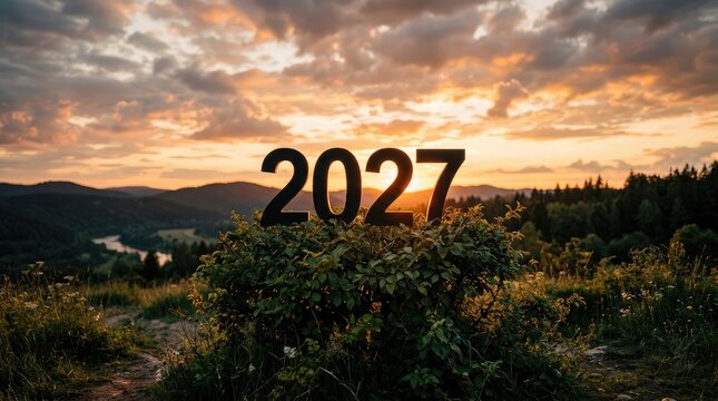 New year 2027 arrives on scenic hill with sunset