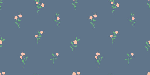Fototapeta premium Minimal flower seamless print with ditsy little blossoms and foliage on dark background, floral tiny pattern, repeating endless backdrop