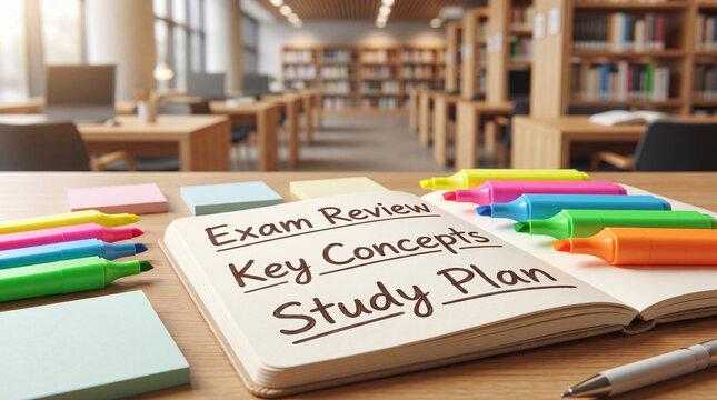 Open notebook with handwritten exam review notes, colorful markers and pastel sticky notes on a wooden library table in soft daylight, creating a focused study atmosphere