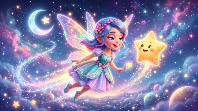 Magical fairy flying with cute star in enchanted galaxy space animation 4K Ai HD high quality video.