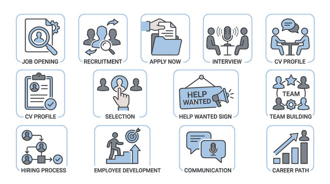 Professional Business Recruitment and Human Resources Management Icon Set for Career Development and Hiring Process
