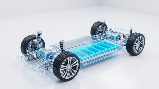Transparent technical illustration of modern electric vehicle chassis showing glowing neon blue lithium-ion battery and dual electric motors.