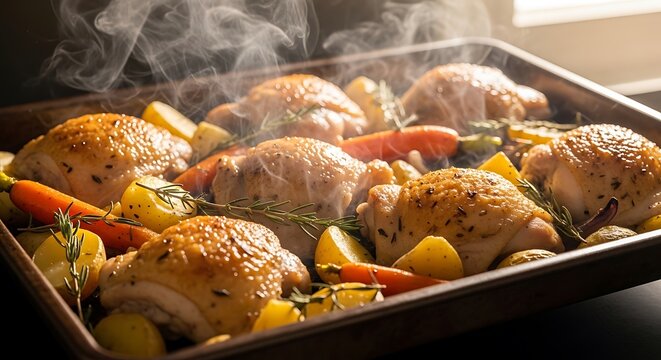 Roasted chicken with carrots and potatoes on a baking tray. Easy weekday dinners